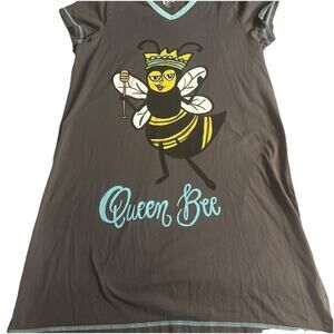 Lazy One Queen Bee V-Neck Nightshirt S/M Grey Turquoise 100% Cotton Short Sleeve